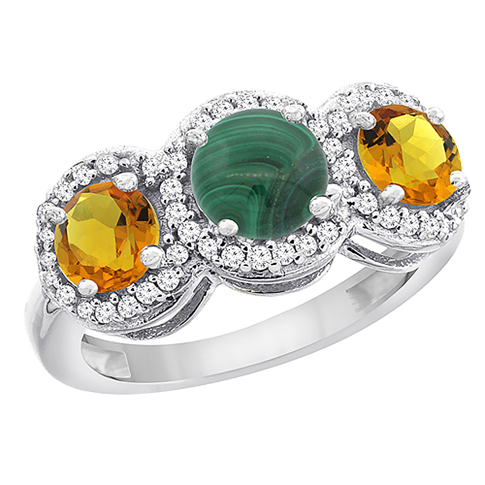 14K White Gold Natural Malachite & Citrine Sides Round 3-stone Ring Diamond Accents, sizes 5 - 10