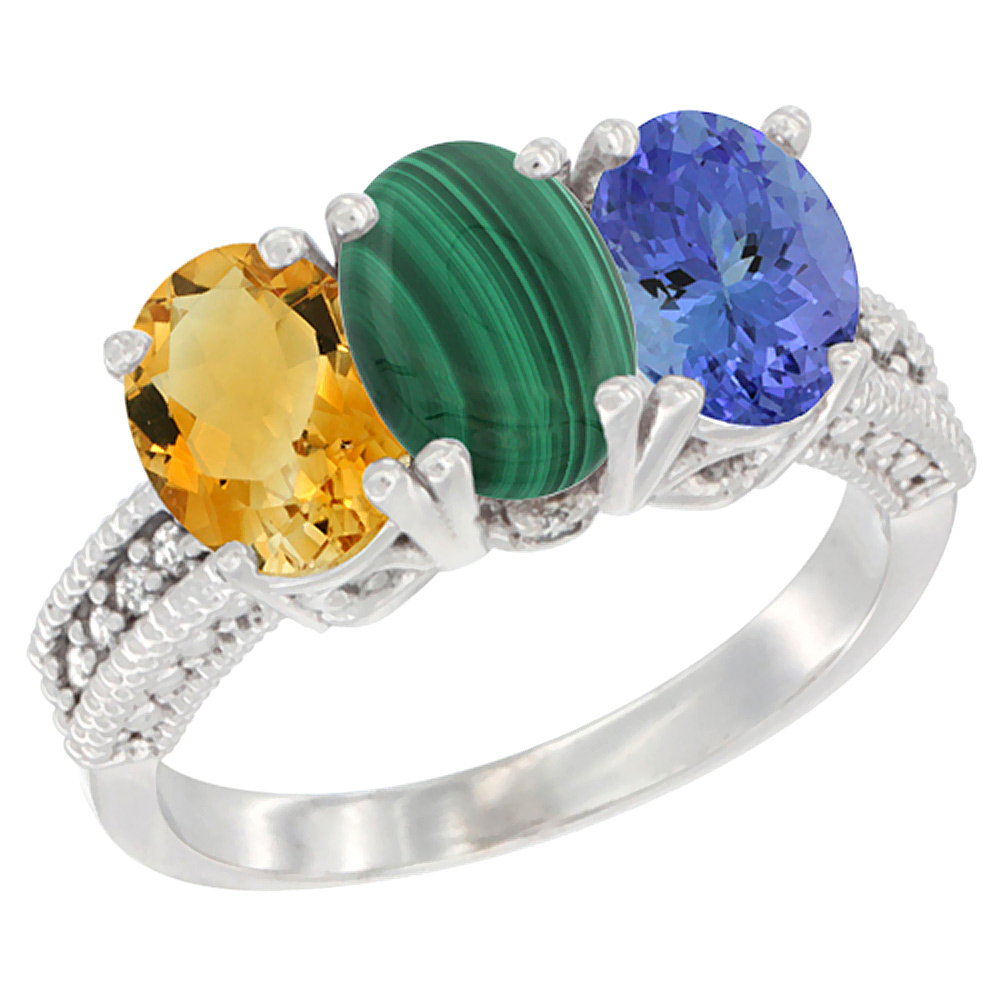 14K White Gold Natural Citrine, Malachite & Tanzanite Ring 3-Stone 7x5 mm Oval Diamond Accent, sizes 5 - 10