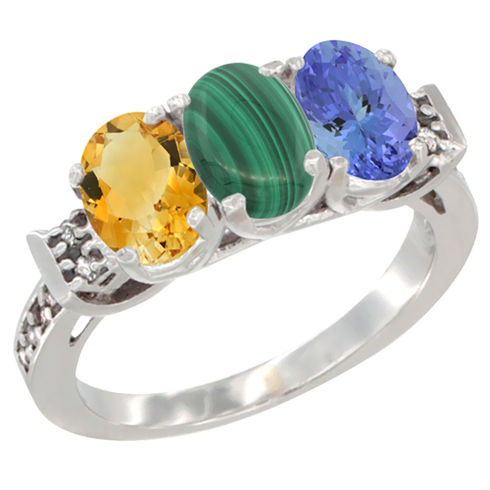 14K White Gold Natural Citrine, Malachite &amp; Tanzanite Ring 3-Stone 7x5 mm Oval Diamond Accent, sizes 5 - 10