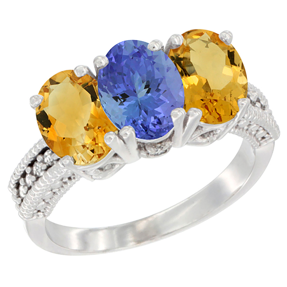 14K White Gold Natural Tanzanite &amp; Citrine Sides Ring 3-Stone 7x5 mm Oval Diamond Accent, sizes 5 - 10