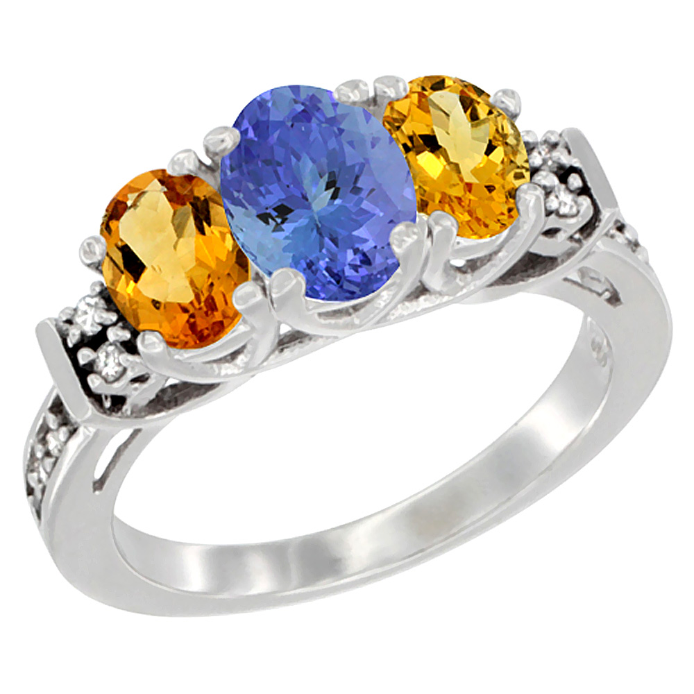 14K White Gold Natural Tanzanite & Citrine Ring 3-Stone Oval Diamond Accent, sizes 5-10