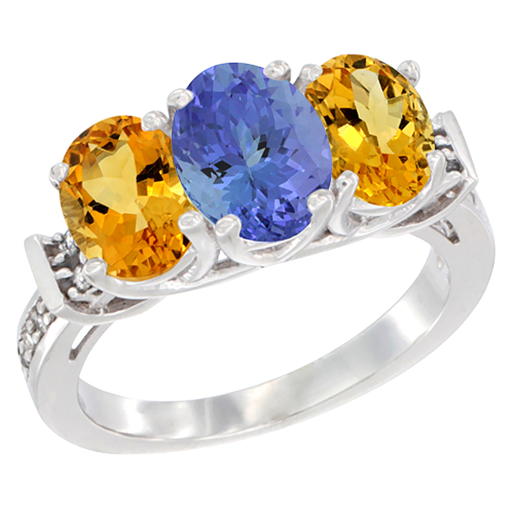 14K White Gold Natural Tanzanite & Citrine Sides Ring 3-Stone Oval Diamond Accent, sizes 5 - 10