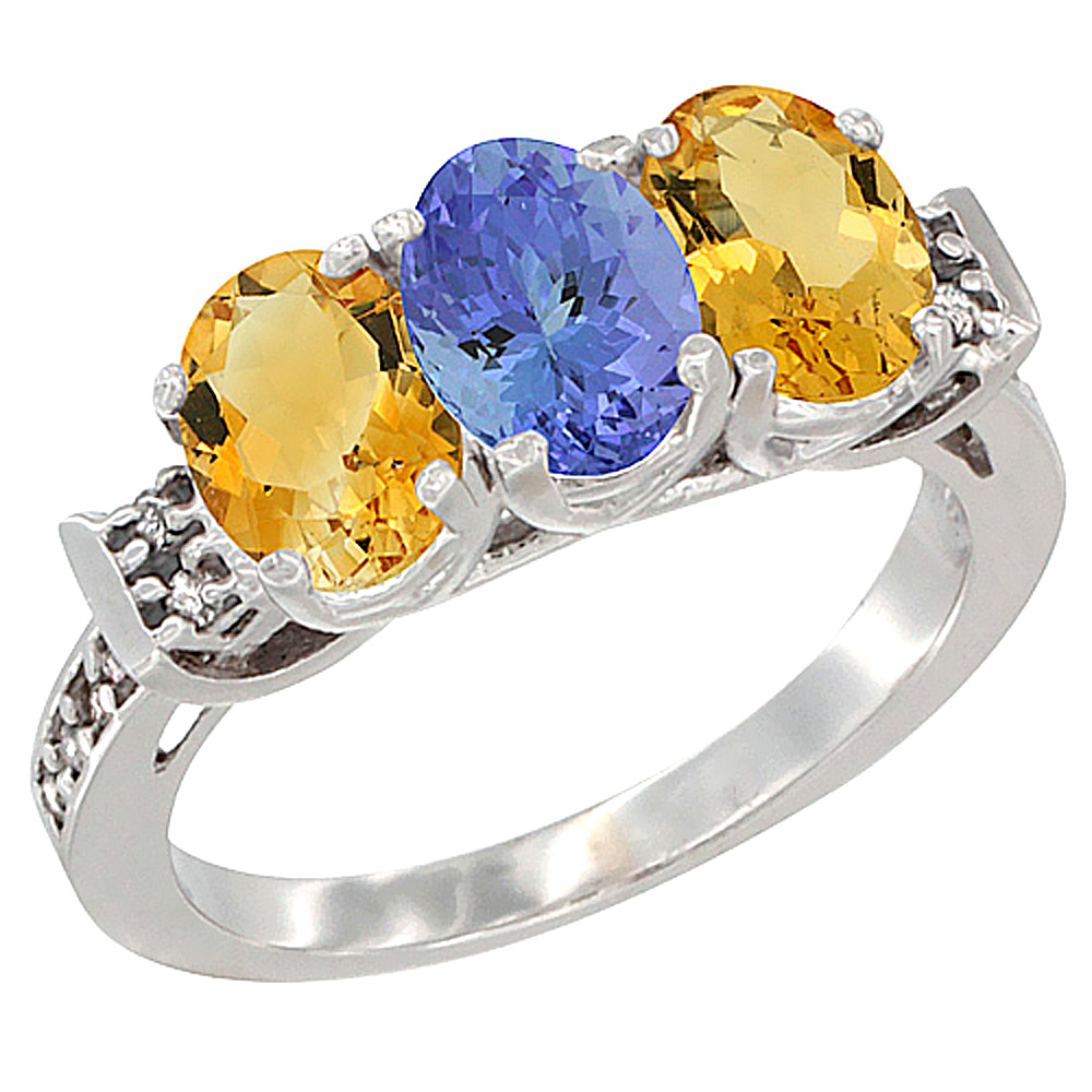 14K White Gold Natural Tanzanite & Citrine Sides Ring 3-Stone 7x5 mm Oval Diamond Accent, sizes 5 - 10