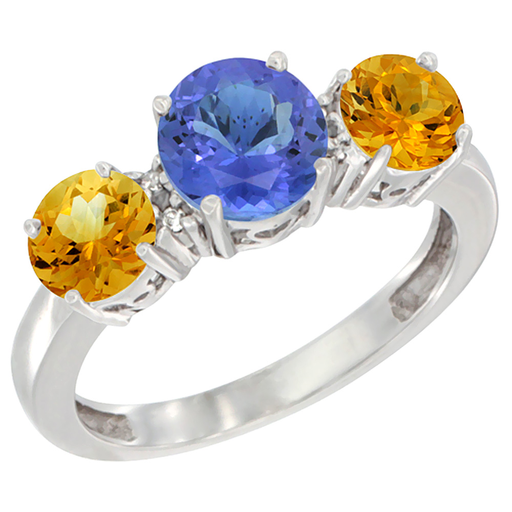 14K White Gold Round 3-Stone Natural Tanzanite Ring &amp; Citrine Sides Diamond Accent, sizes 5 - 10