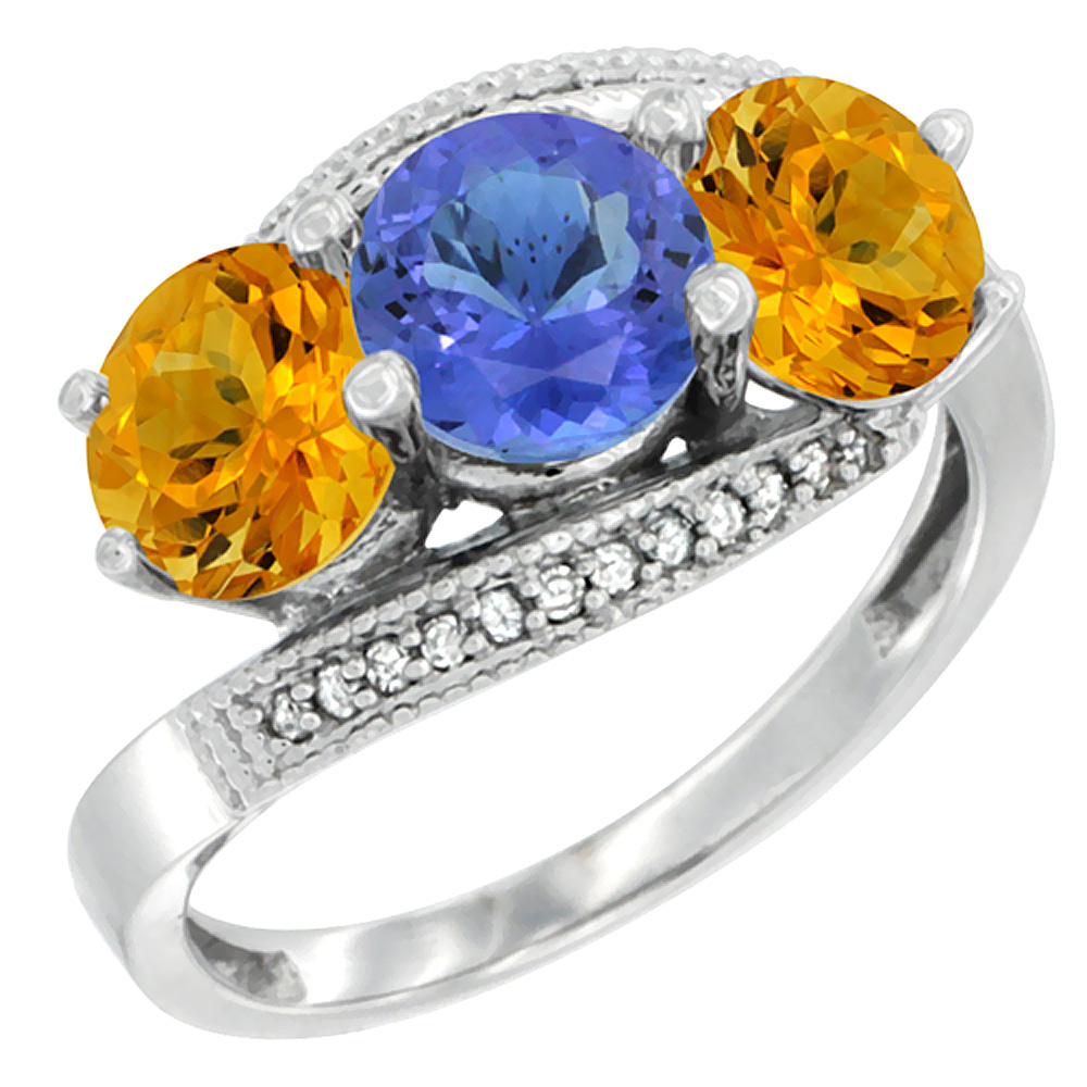 14K White Gold Natural Tanzanite & Citrine Sides 3 stone Ring Round 6mm Diamond Accent, sizes 5 - 10