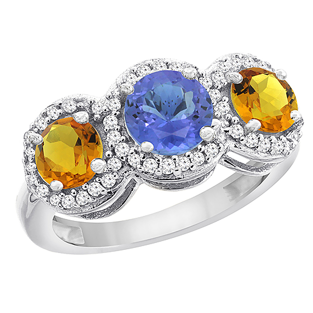 10K White Gold Natural Tanzanite &amp; Citrine Sides Round 3-stone Ring Diamond Accents, sizes 5 - 10