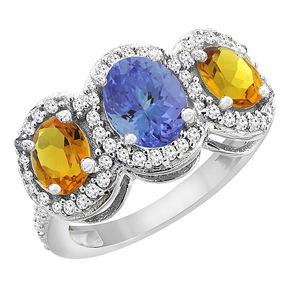 14K White Gold Natural Tanzanite &amp; Citrine 3-Stone Ring Oval Diamond Accent, sizes 5 - 10