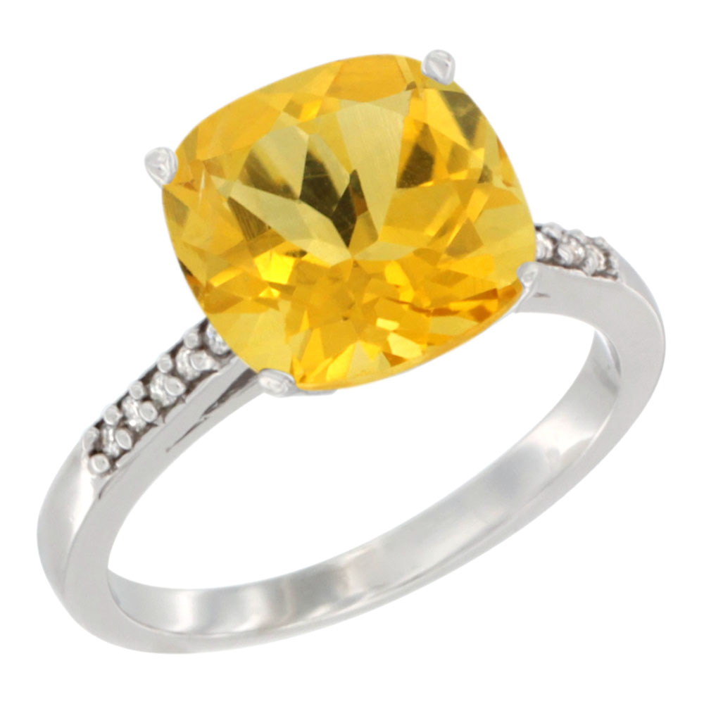 14K White Gold Natural Citrine Ring 9 mm Cushion-cut Diamond accent, sizes 5 - 10