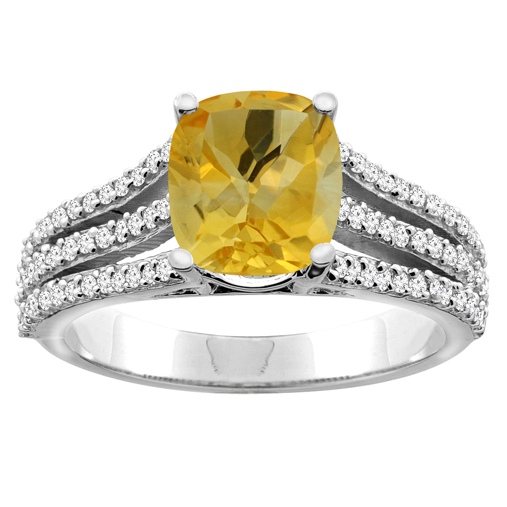 10K White/Yellow Gold Diamond Natural Citrine Tri-split Ring Cushion-cut 8x6mm, sizes 5 - 10