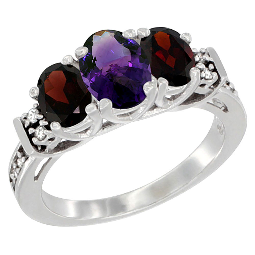 14K White Gold Natural Amethyst & Garnet Ring 3-Stone Oval Diamond Accent, sizes 5-10