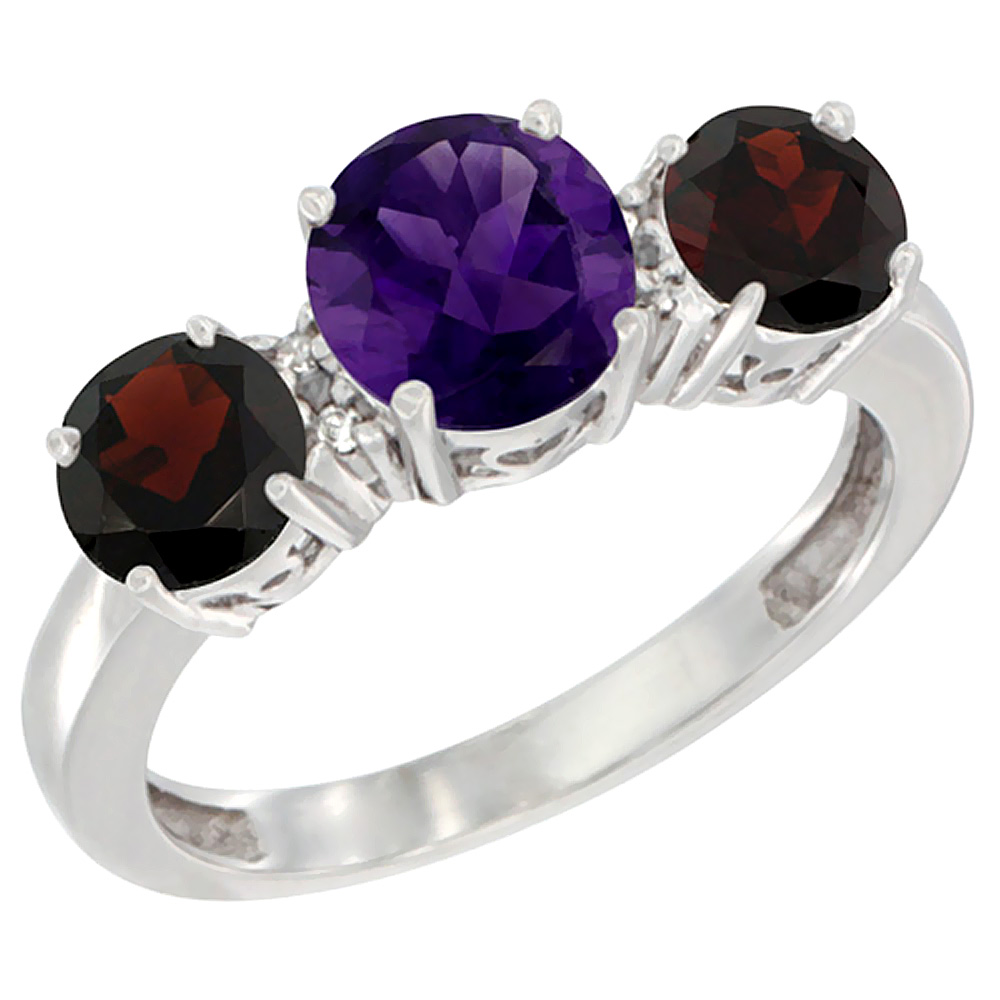 10K White Gold Round 3-Stone Natural Amethyst Ring & Garnet Sides Diamond Accent, sizes 5 - 10