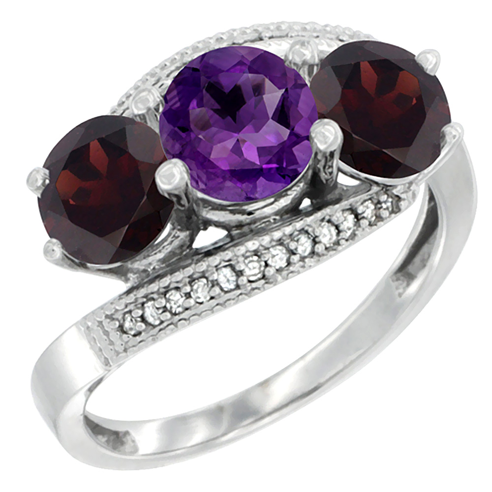 10K White Gold Natural Amethyst & Garnet Sides 3 stone Ring Round 6mm Diamond Accent, sizes 5 - 10