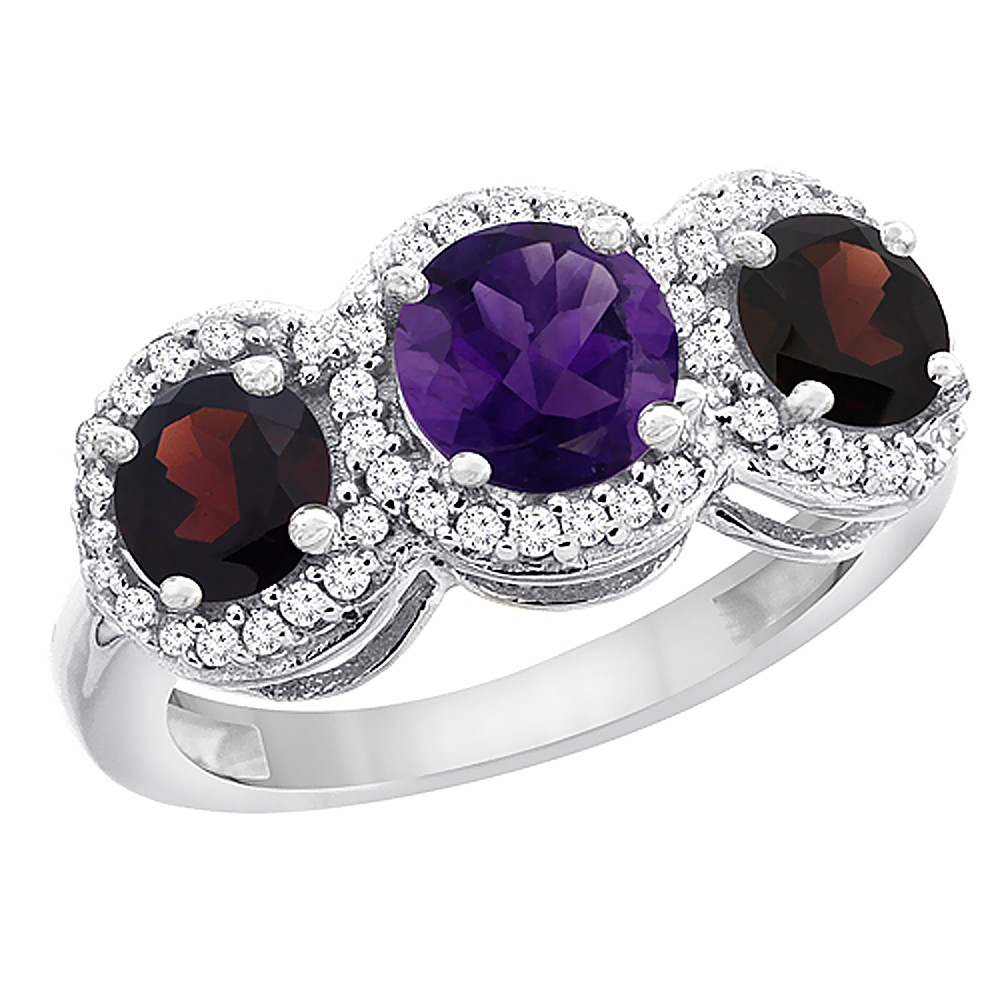 10K White Gold Natural Amethyst & Garnet Sides Round 3-stone Ring Diamond Accents, sizes 5 - 10