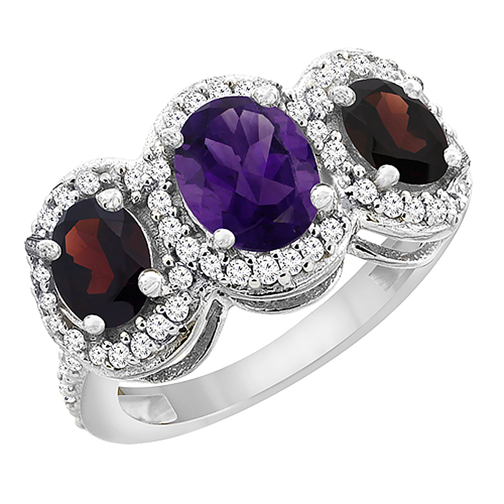 14K White Gold Natural Amethyst & Garnet 3-Stone Ring Oval Diamond Accent, sizes 5 - 10