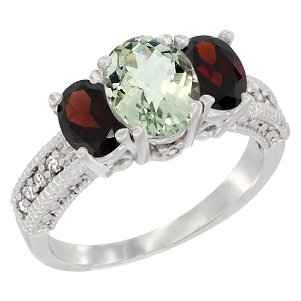 10K White Gold Diamond Natural Green Amethyst Ring Oval 3-stone with Garnet, sizes 5 - 10