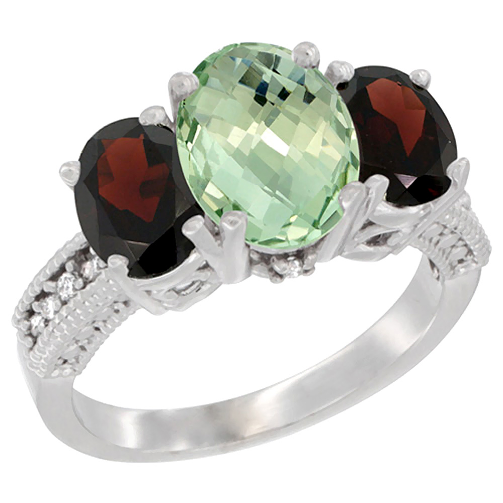 10K White Gold Diamond Natural Green Amethyst Ring 3-Stone Oval 8x6mm with Garnet, sizes5-10