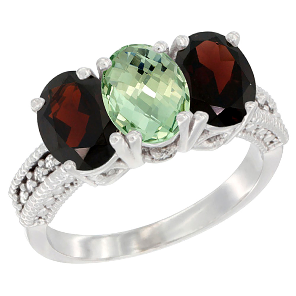 10K White Gold Natural Green Amethyst & Garnet Sides Ring 3-Stone Oval 7x5 mm Diamond Accent, sizes 5 - 10