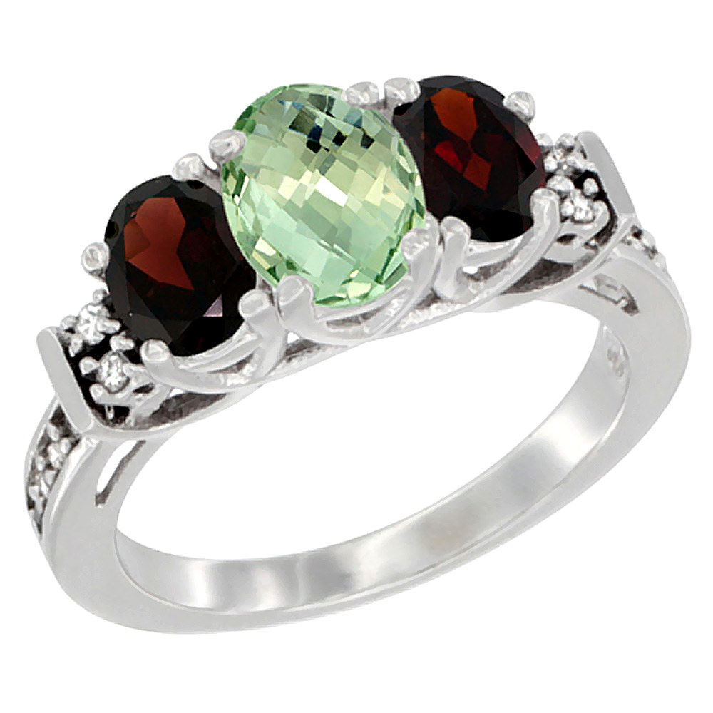 10K White Gold Natural Green Amethyst & Garnet Ring 3-Stone Oval Diamond Accent, sizes 5-10