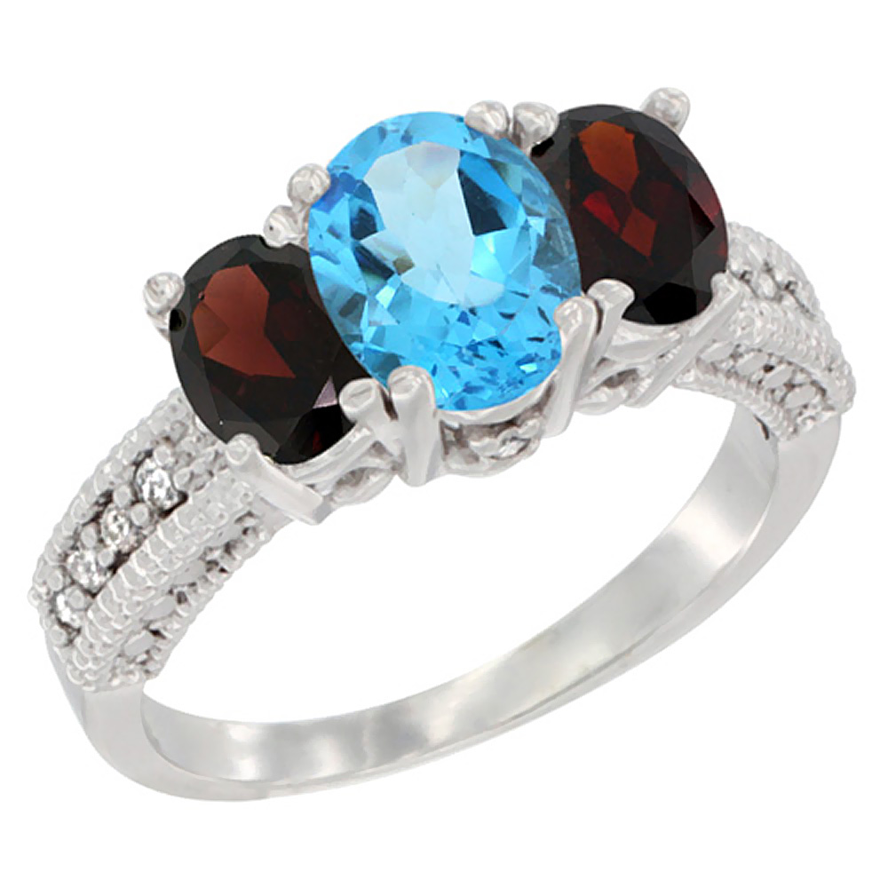 10K White Gold Diamond Natural Swiss Blue Topaz Ring Oval 3-stone with Garnet, sizes 5 - 10