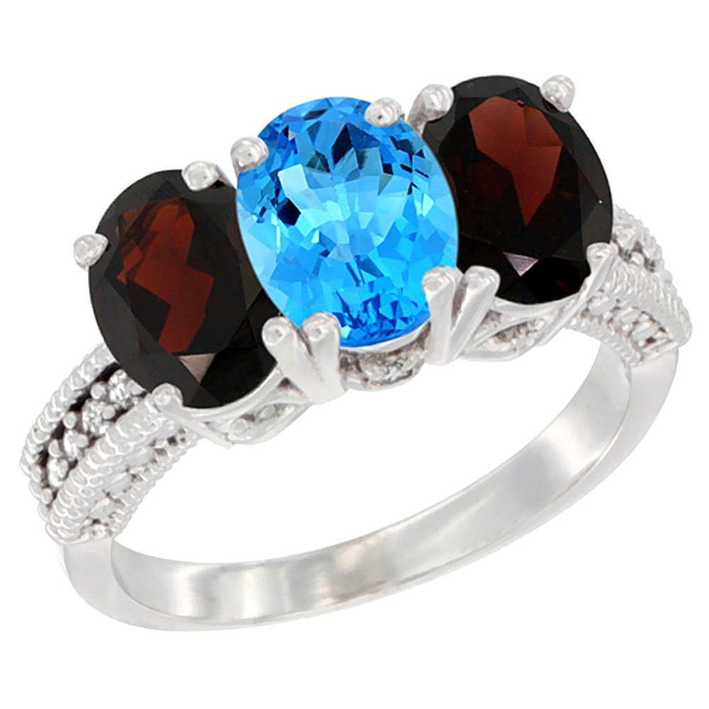 10K White Gold Natural Swiss Blue Topaz & Garnet Sides Ring 3-Stone Oval 7x5 mm Diamond Accent, sizes 5 - 10