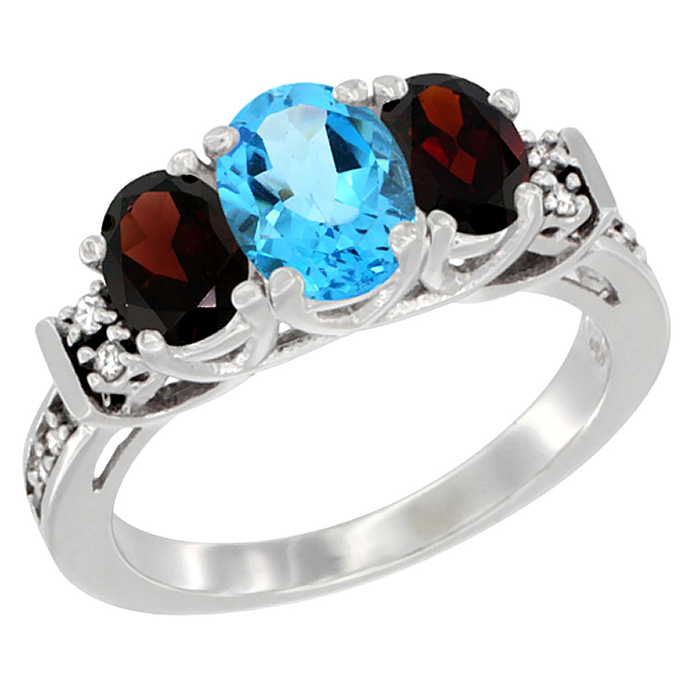 14K White Gold Natural Swiss Blue Topaz & Garnet Ring 3-Stone Oval Diamond Accent, sizes 5-10