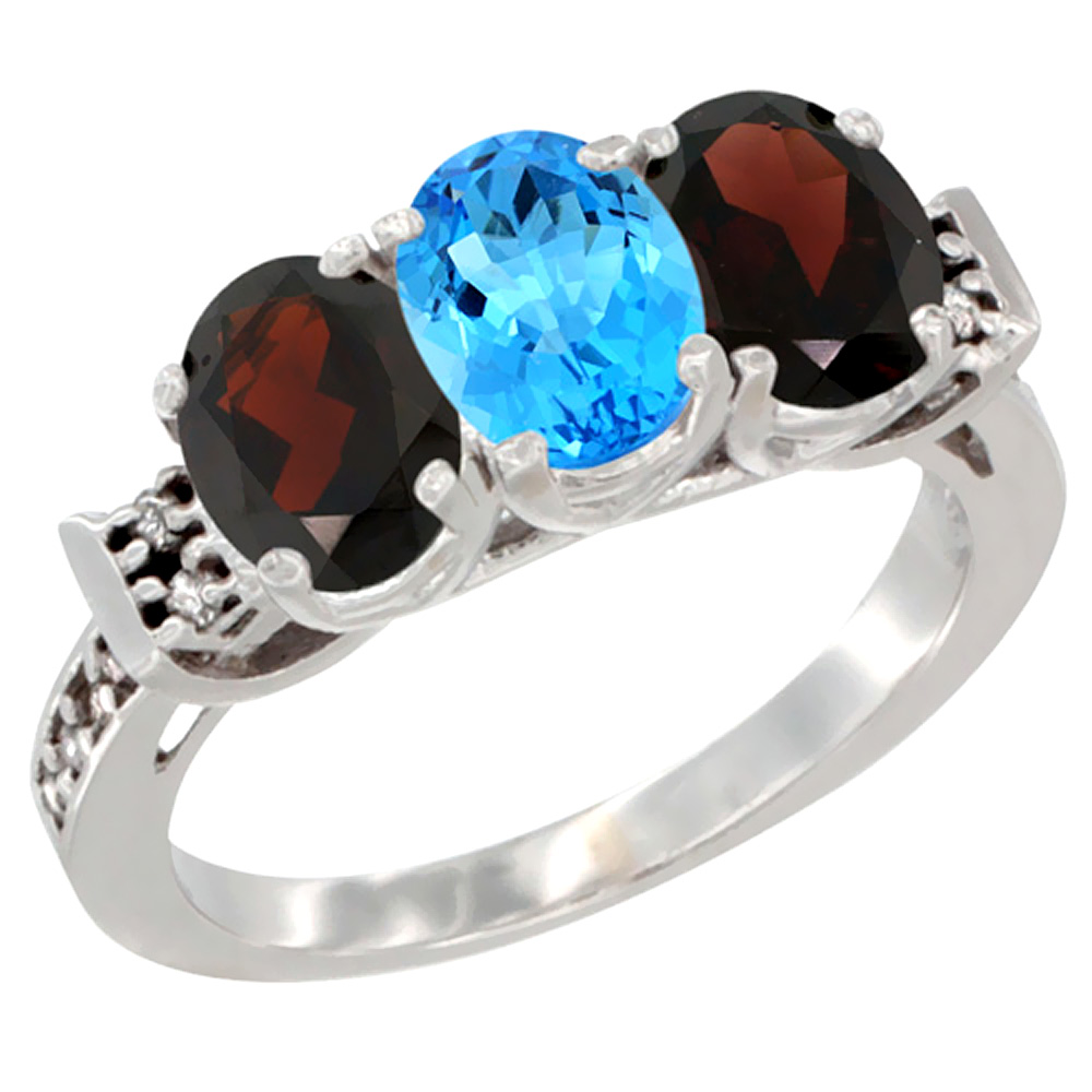 10K White Gold Natural Swiss Blue Topaz & Garnet Sides Ring 3-Stone Oval 7x5 mm Diamond Accent, sizes 5 - 10