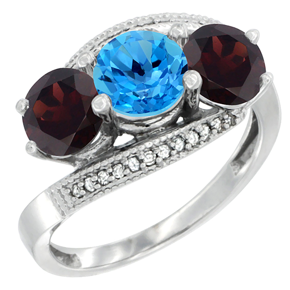 14K White Gold Natural Swiss Blue Topaz &amp; Garnet Sides 3 stone Ring Round 6mm Diamond Accent, sizes 5 - 10