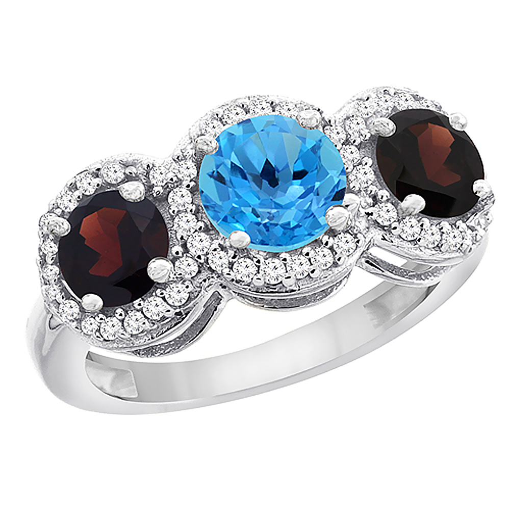 14K White Gold Natural Swiss Blue Topaz &amp; Garnet Sides Round 3-stone Ring Diamond Accents, sizes 5 - 10