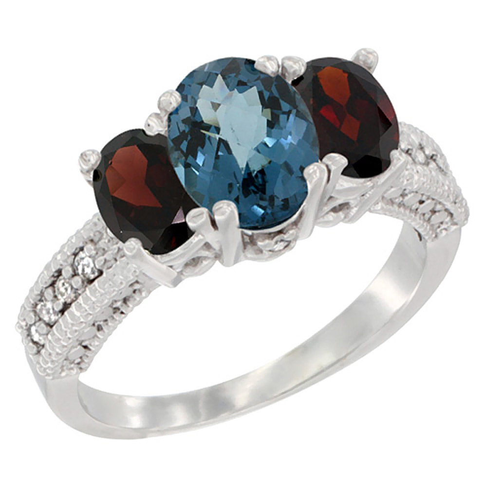 10K White Gold Diamond Natural London Blue Topaz Ring Oval 3-stone with Garnet, sizes 5 - 10