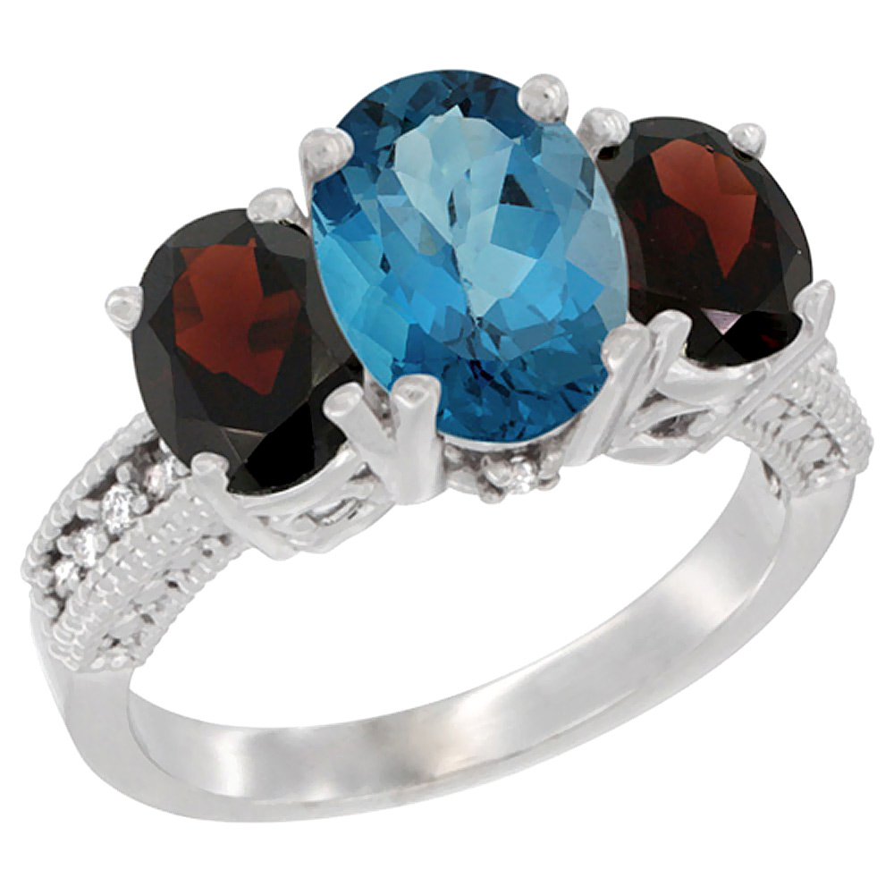 10K White Gold Diamond Natural London Blue Topaz Ring 3-Stone Oval 8x6mm with Garnet, sizes5-10