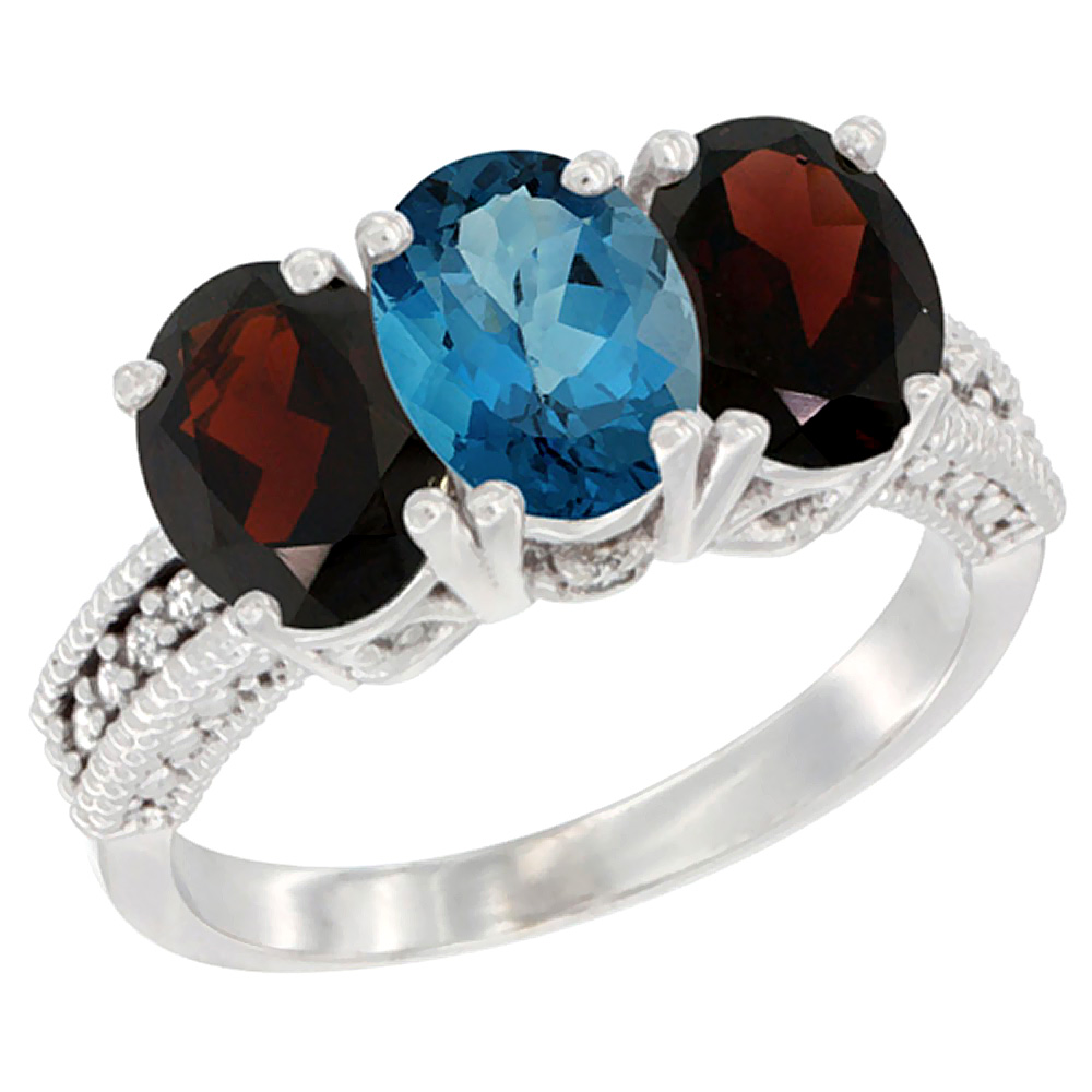 10K White Gold Natural London Blue Topaz & Garnet Sides Ring 3-Stone Oval 7x5 mm Diamond Accent, sizes 5 - 10