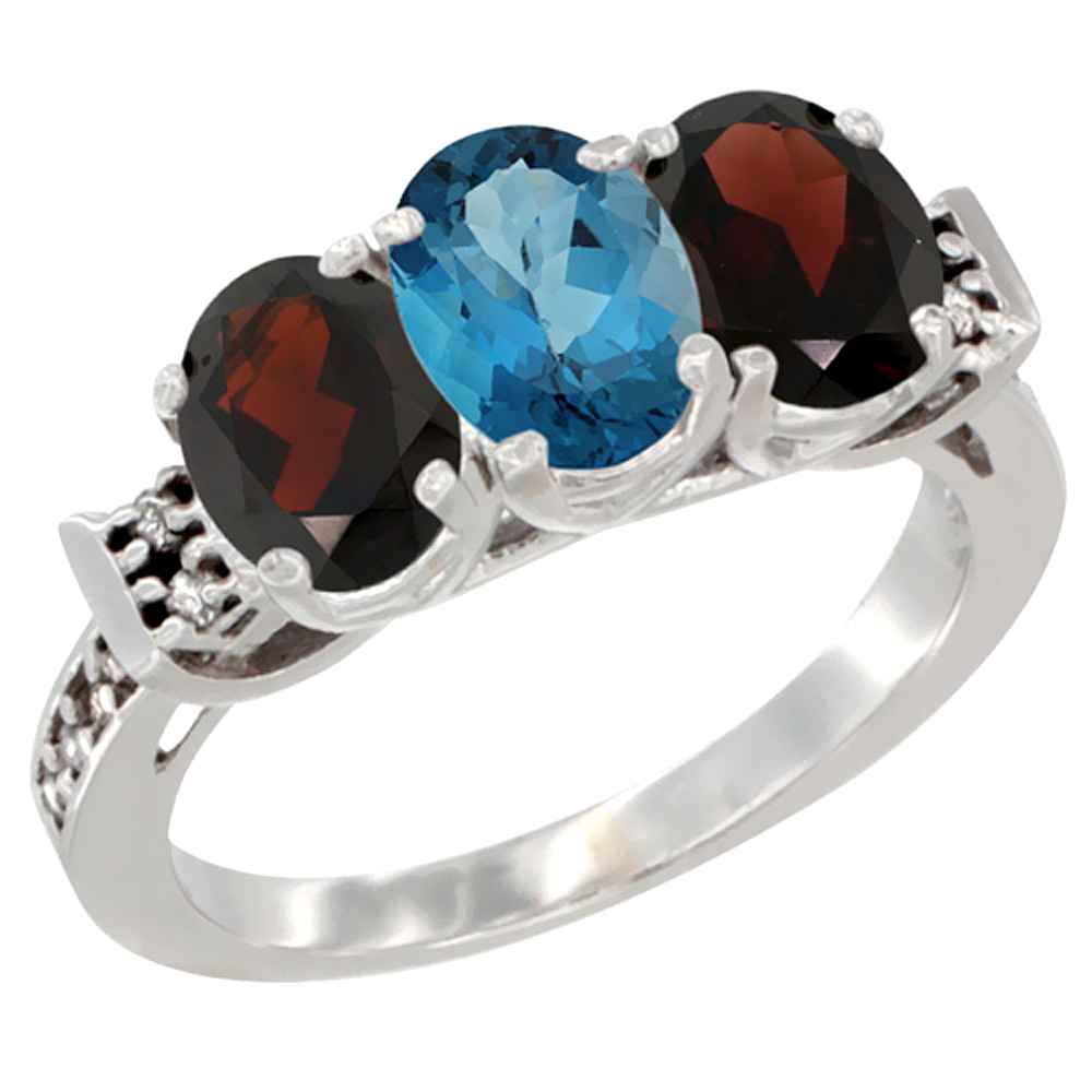 10K White Gold Natural London Blue Topaz & Garnet Sides Ring 3-Stone Oval 7x5 mm Diamond Accent, sizes 5 - 10