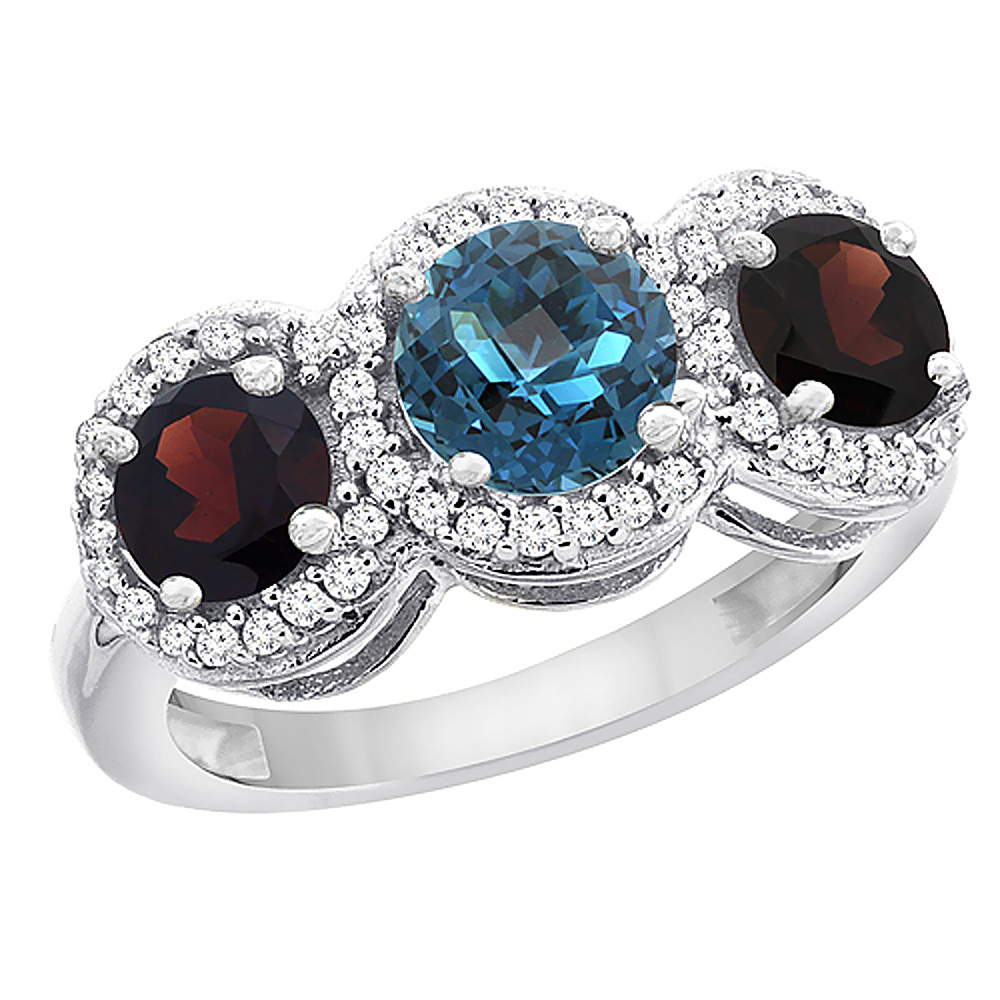 10K White Gold Natural London Blue Topaz &amp; Garnet Sides Round 3-stone Ring Diamond Accents, sizes 5 - 10