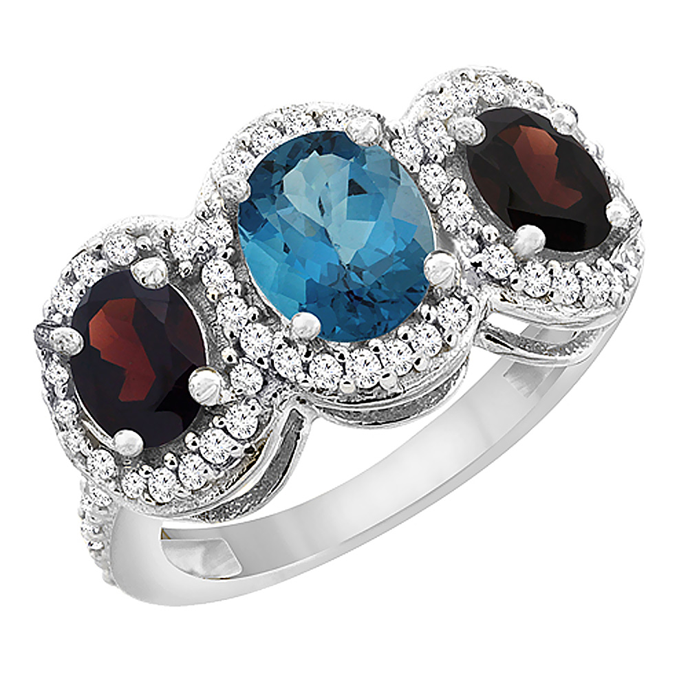 10K White Gold Natural London Blue Topaz &amp; Garnet 3-Stone Ring Oval Diamond Accent, sizes 5 - 10