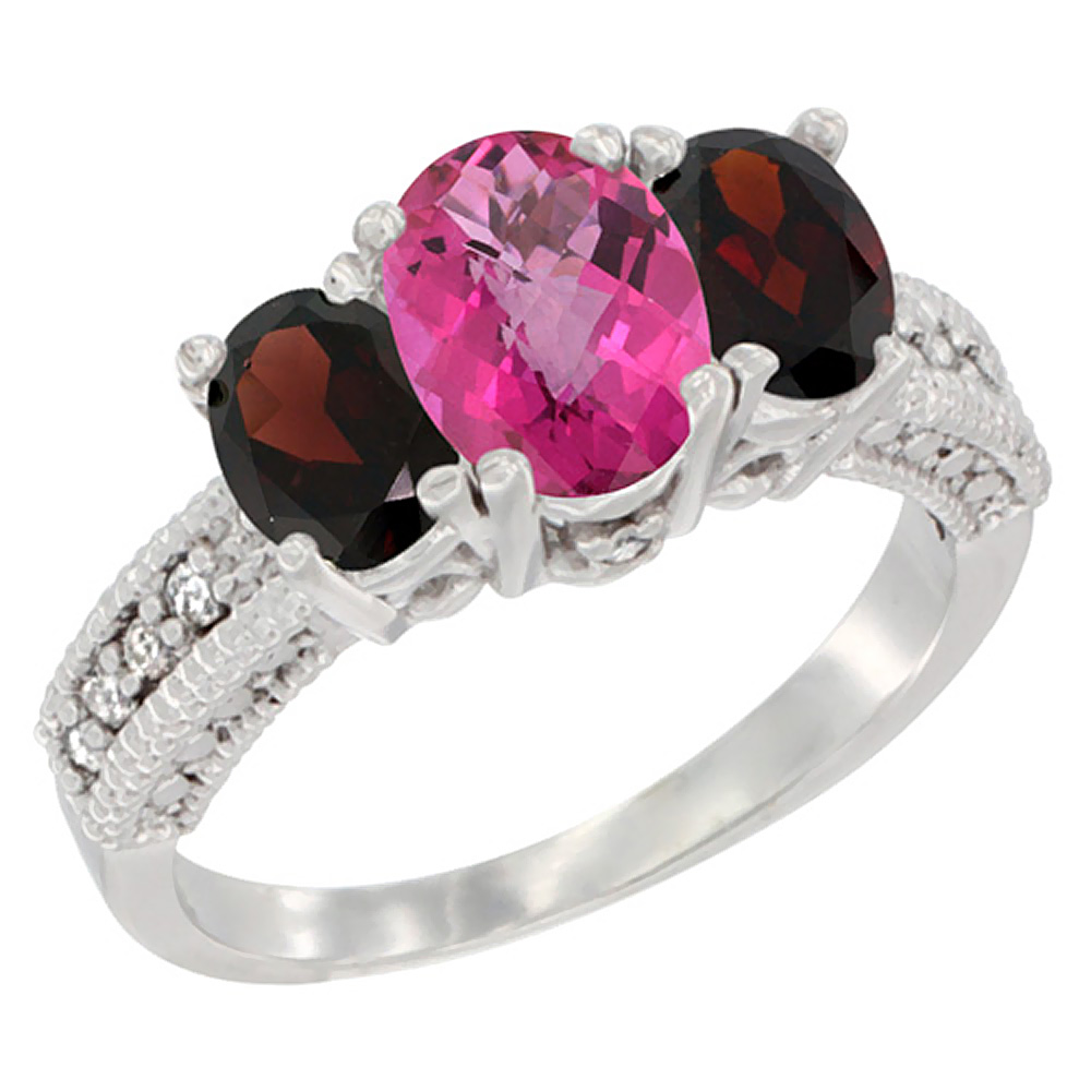 10K White Gold Diamond Natural Pink Topaz Ring Oval 3-stone with Garnet, sizes 5 - 10