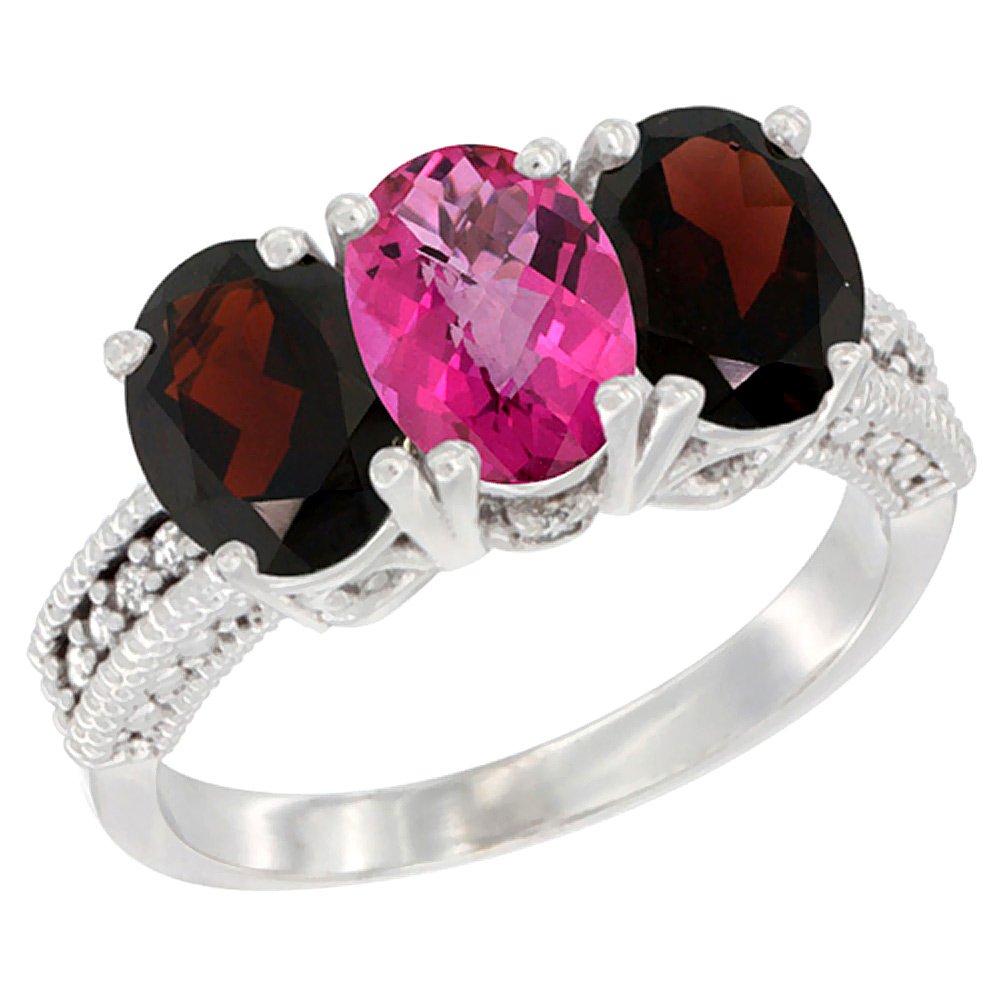 10K White Gold Natural Pink Topaz &amp; Garnet Sides Ring 3-Stone Oval 7x5 mm Diamond Accent, sizes 5 - 10