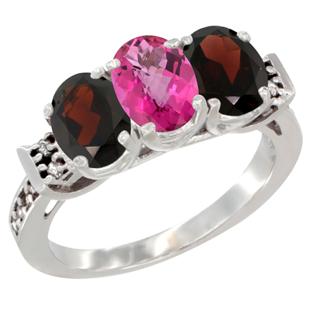 10K White Gold Natural Pink Topaz & Garnet Sides Ring 3-Stone Oval 7x5 mm Diamond Accent, sizes 5 - 10