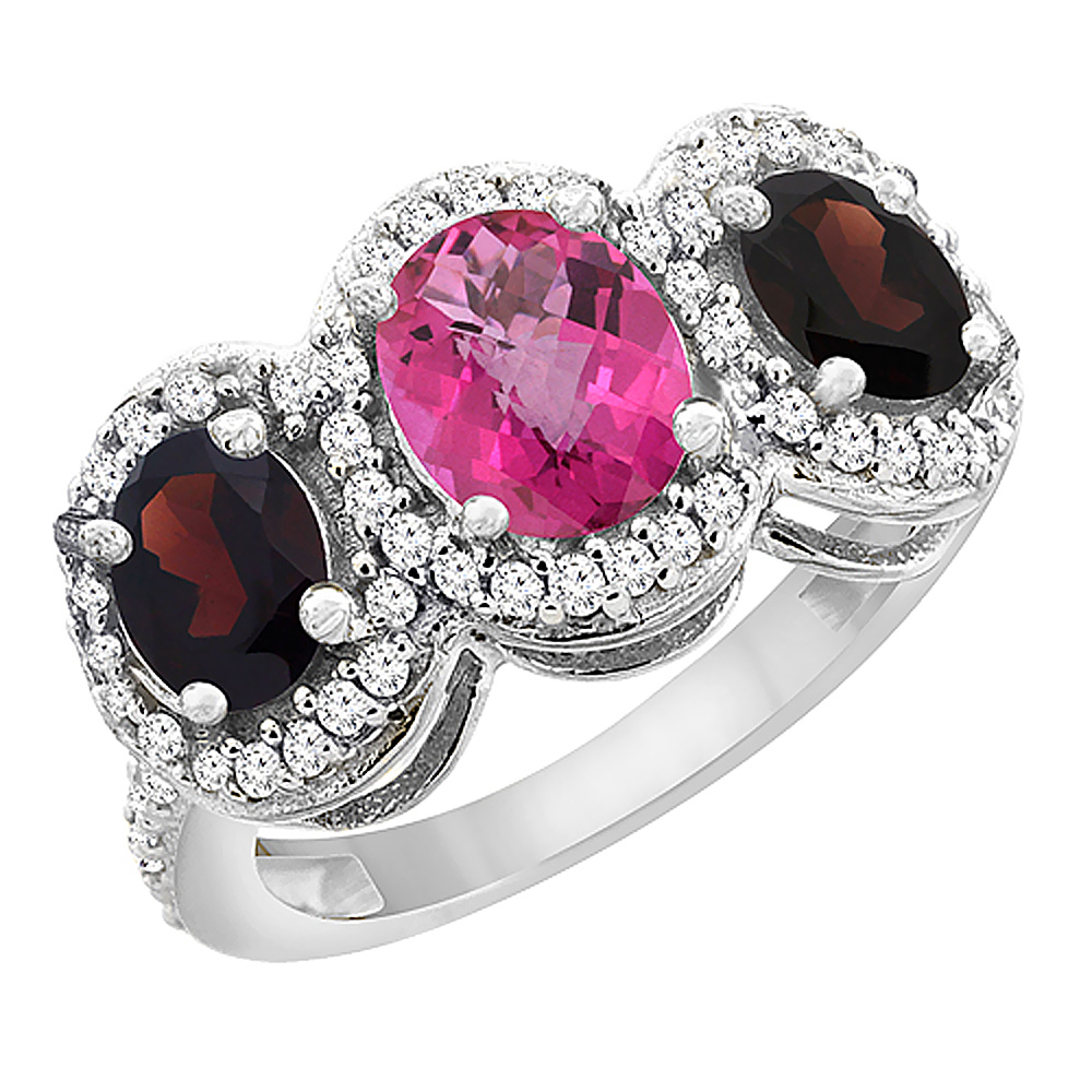 14K White Gold Natural Pink Topaz & Garnet 3-Stone Ring Oval Diamond Accent, sizes 5 - 10