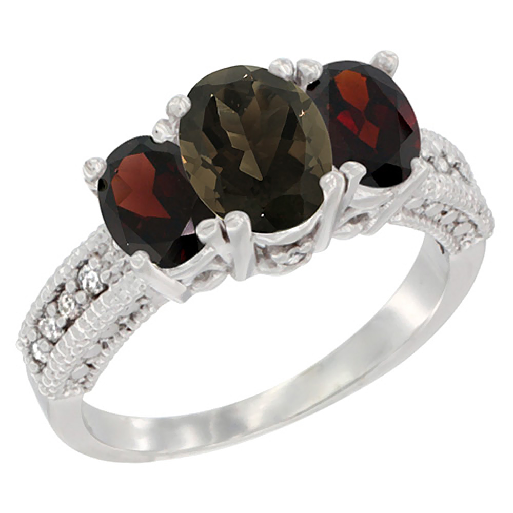 14K White Gold Diamond Natural Smoky Topaz Ring Oval 3-stone with Garnet, sizes 5 - 10