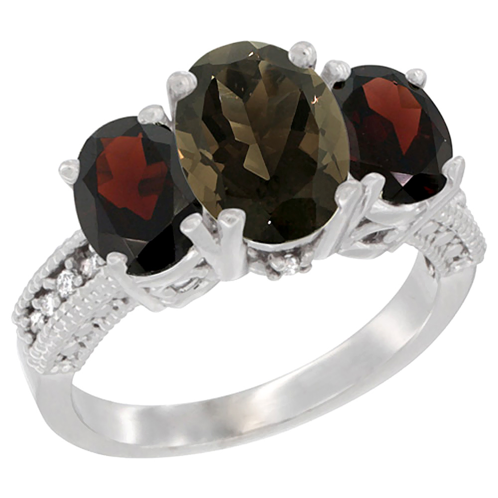 14K White Gold Diamond Natural Smoky Topaz Ring 3-Stone Oval 8x6mm with Garnet, sizes5-10