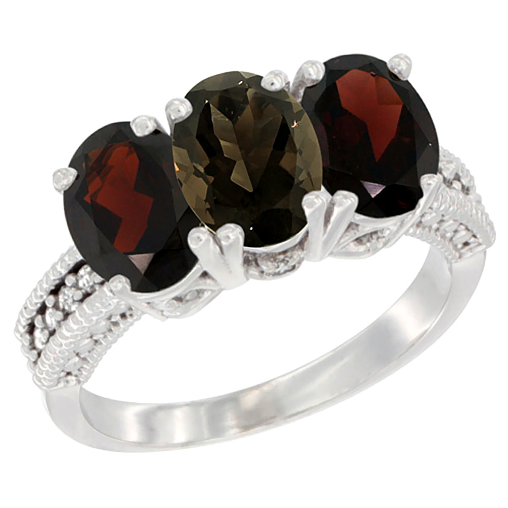 10K White Gold Natural Smoky Topaz & Garnet Sides Ring 3-Stone Oval 7x5 mm Diamond Accent, sizes 5 - 10