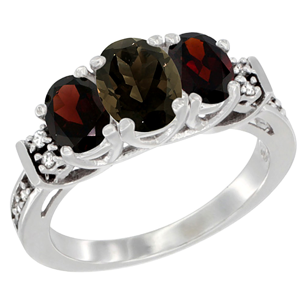 14K White Gold Natural Smoky Topaz & Garnet Ring 3-Stone Oval Diamond Accent, sizes 5-10