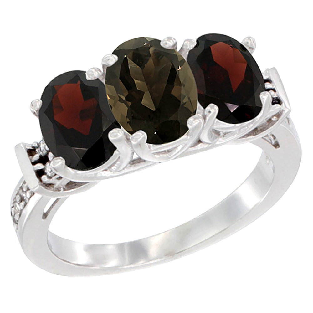 14K White Gold Natural Smoky Topaz & Garnet Sides Ring 3-Stone Oval Diamond Accent, sizes 5 - 10