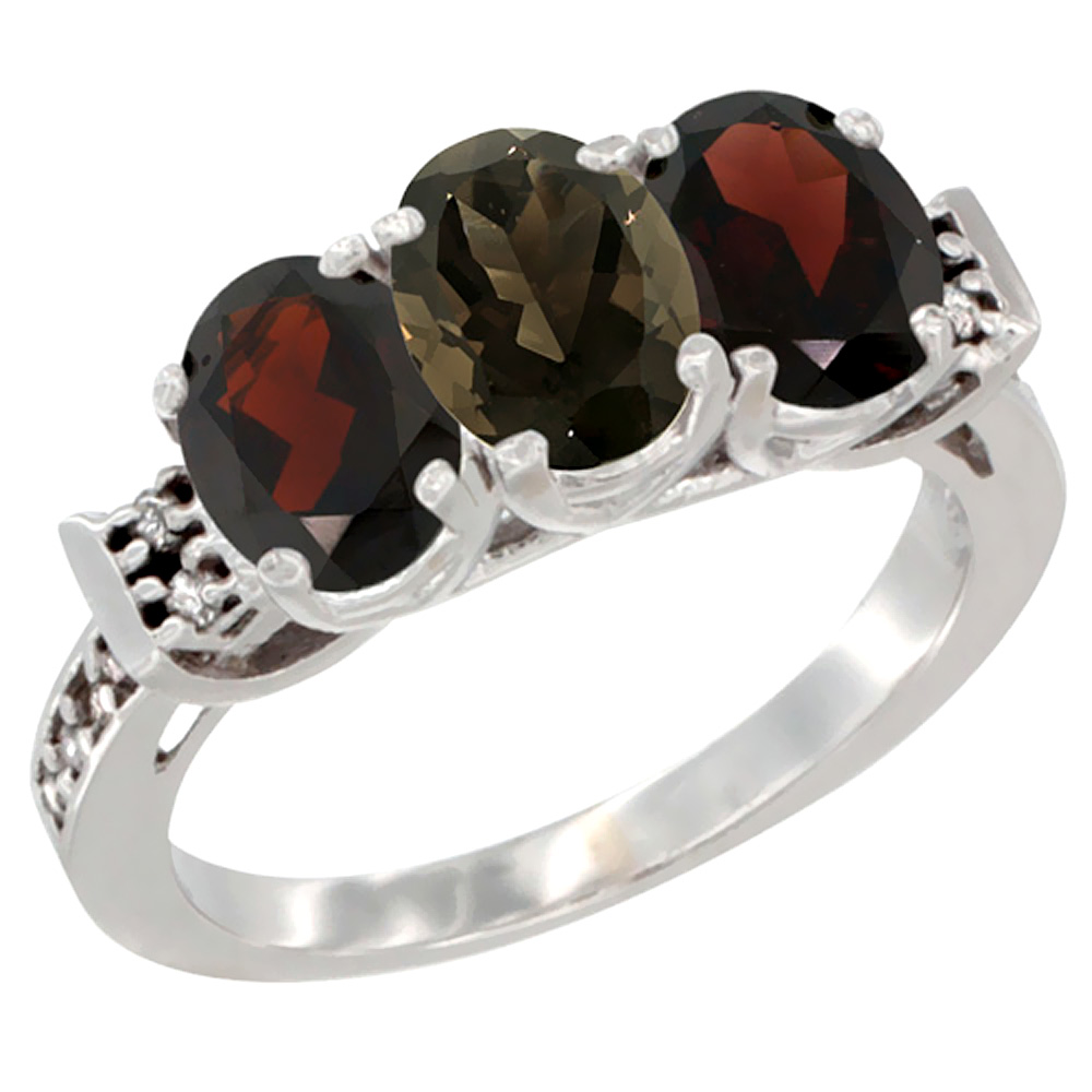 10K White Gold Natural Smoky Topaz & Garnet Sides Ring 3-Stone Oval 7x5 mm Diamond Accent, sizes 5 - 10