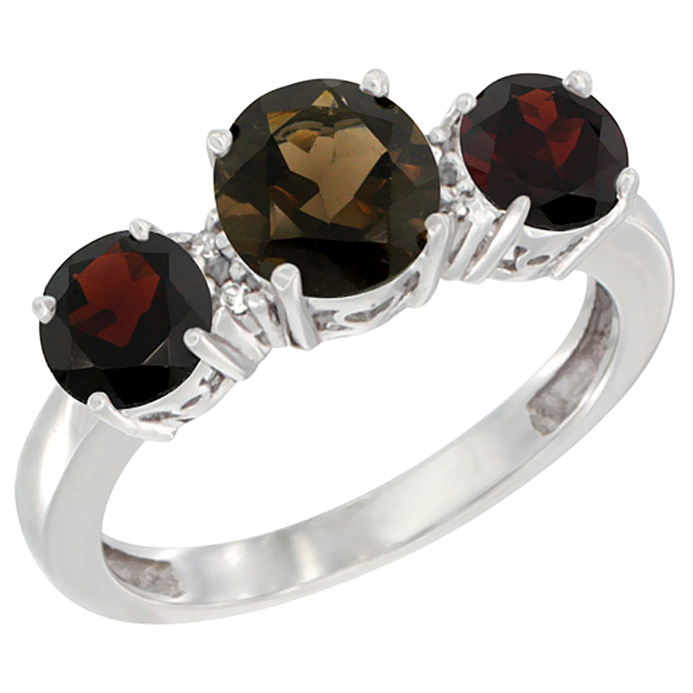 14K White Gold Round 3-Stone Natural Smoky Topaz Ring &amp; Garnet Sides Diamond Accent, sizes 5 - 10