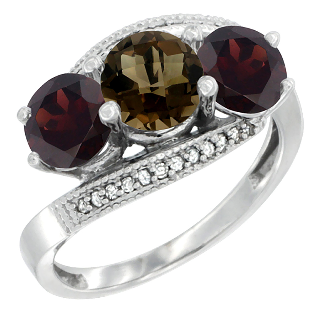 14K White Gold Natural Smoky Topaz &amp; Garnet Sides 3 stone Ring Round 6mm Diamond Accent, sizes 5 - 10