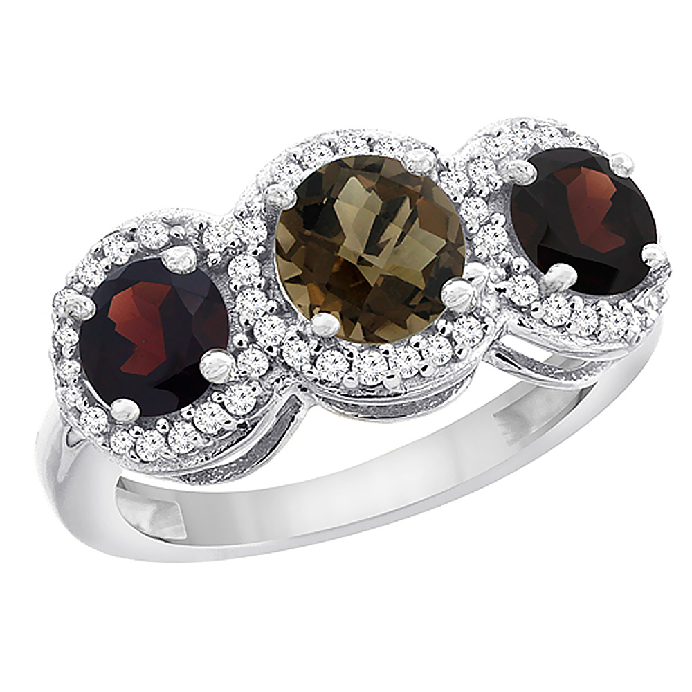 10K White Gold Natural Smoky Topaz & Garnet Sides Round 3-stone Ring Diamond Accents, sizes 5 - 10