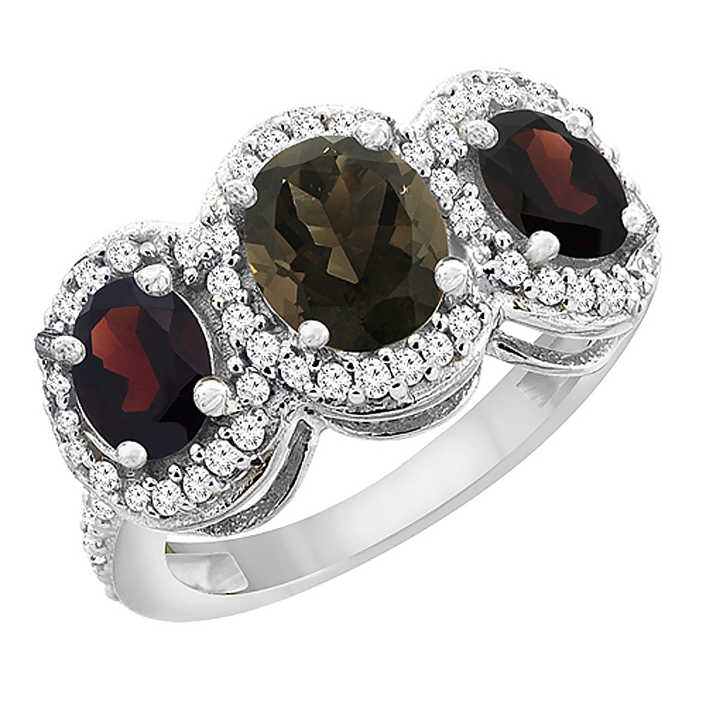 14K White Gold Natural Smoky Topaz & Garnet 3-Stone Ring Oval Diamond Accent, sizes 5 - 10