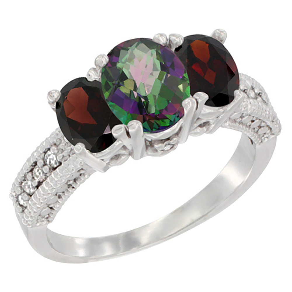 10K White Gold Diamond Natural Mystic Topaz Ring Oval 3-stone with Garnet, sizes 5 - 10