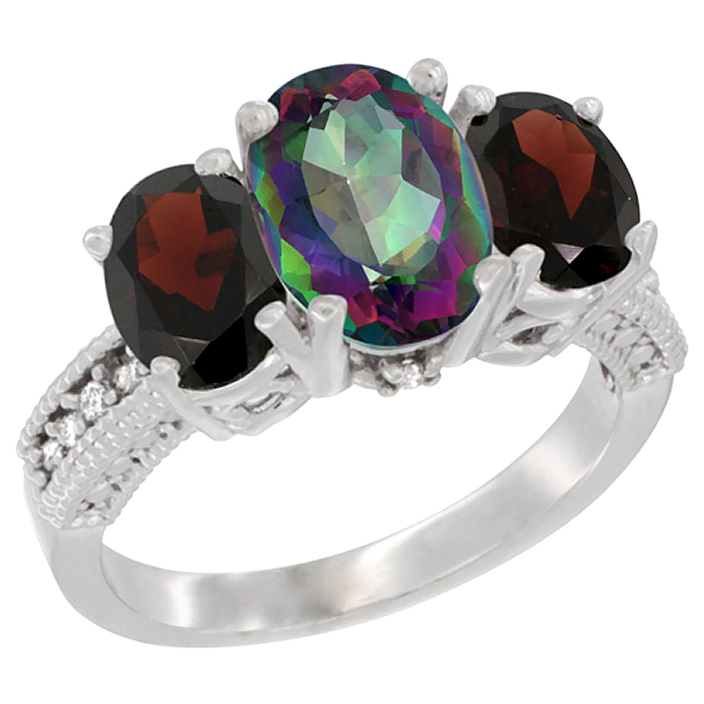 10K White Gold Diamond Natural Mystic Topaz Ring 3-Stone Oval 8x6mm with Garnet, sizes5-10